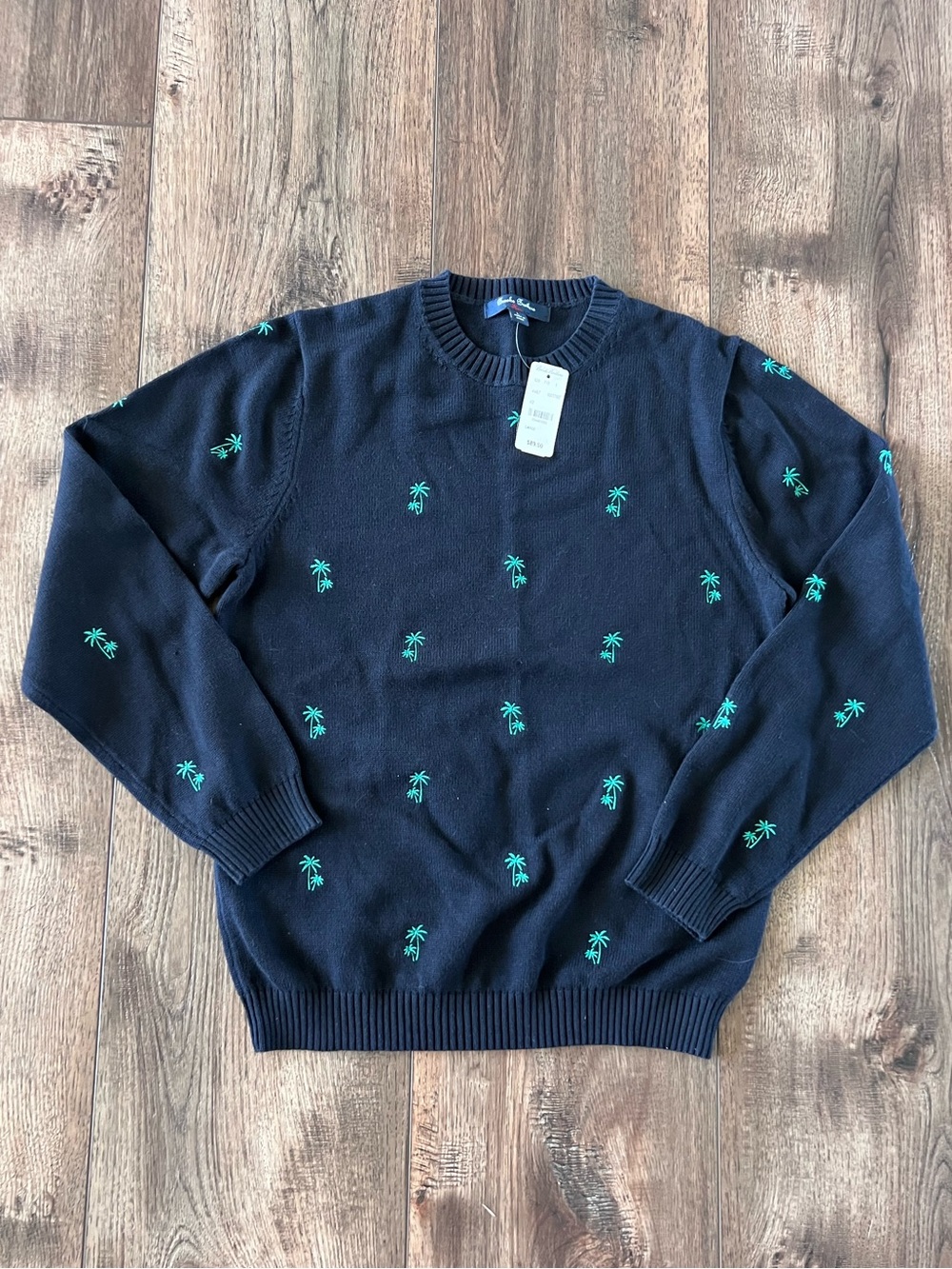 Brooks Brothers Boys Navy Crewneck Sweater Embroidered Green Palm Tree Sz Large